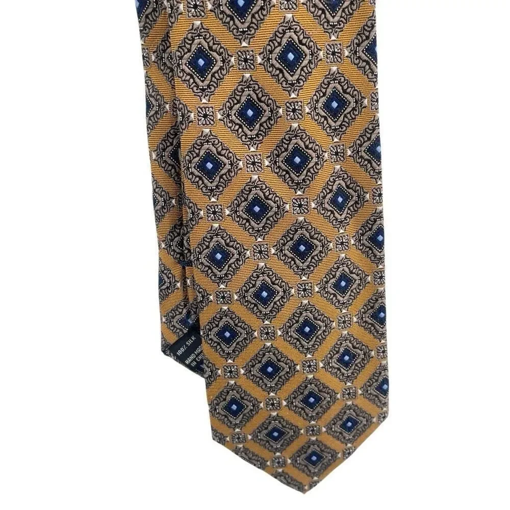 Jos A Bank Signature Collection 100% Silk Gold Blue Medallion Geometric Tie